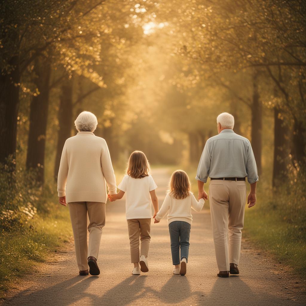 A multigenerational family walking together at golden hour